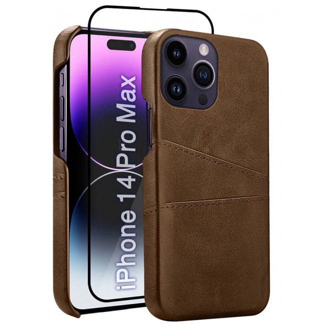 CATANES iPhone 14 Pro Max 2Packs Case Cover Leather with Card Holder for Men Women Phone Case with 3D Screen Protector - Brown