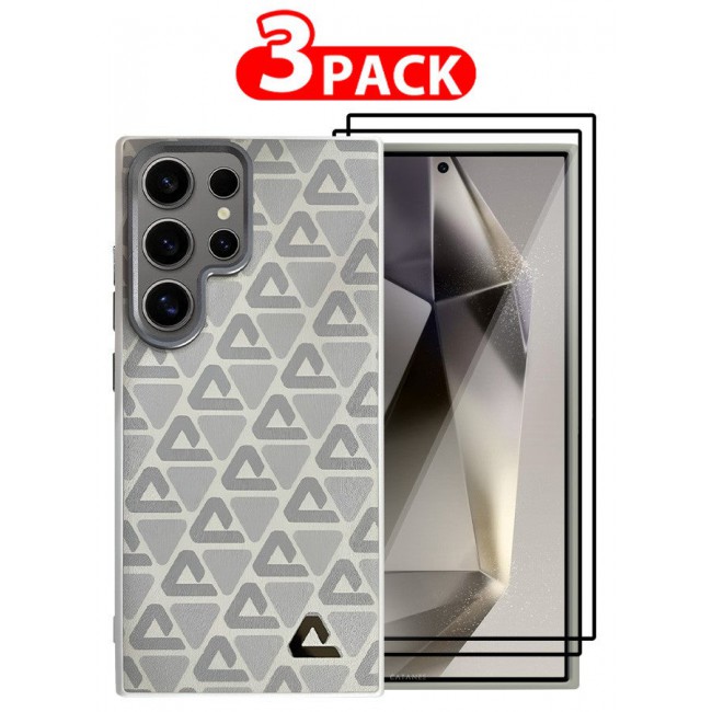 CATANES (for Samsung Galaxy S24 Ultra) 3 Pack Case and 2 Screen Protectors Leather Back Cover Triangle Pattern Shockproof Protective Phone Case Light Beige
