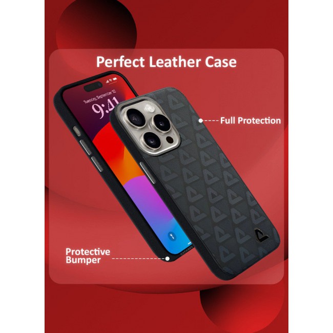 CATANES (for iPhone 15 Pro Max) 2 Pack Case and Screen Protector Leather Back Cover Triangle Pattern Shockproof Protective Phone Case Black