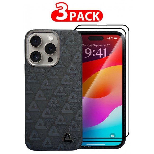 CATANES (for iPhone 15 Pro Max) 3 Pack Case and 2 Screen Protectors Leather Back Cover Triangle Pattern Shockproof Protective Phone Case Black