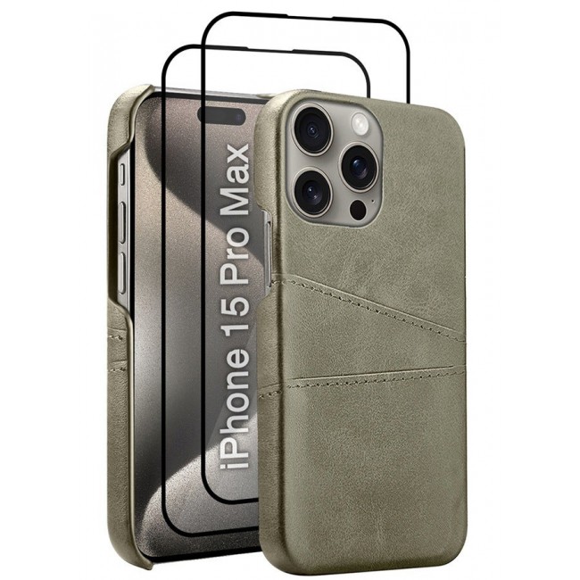 CATANES iPhone 15 Pro Max 3Packs Case Cover Leather with Card Holder for Men Women Phone Case with 3D Screen Protector - Grey