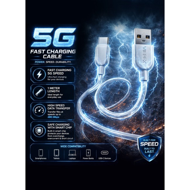 Vierex VC-3 Fast Charging USB Type-C Cable 2.4A Long Charging & Data Sync Cable 480Mbps, 1m