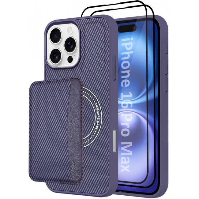 CATANES iPhone 16 Pro Max Case Leather 3Packs Antifingerprint Cover with Detachable Wallet Card Slot Shell Insert Card Holder Anti Fall Protection Carbon Fiber Design with Two 3D Screen Protectors - Purple