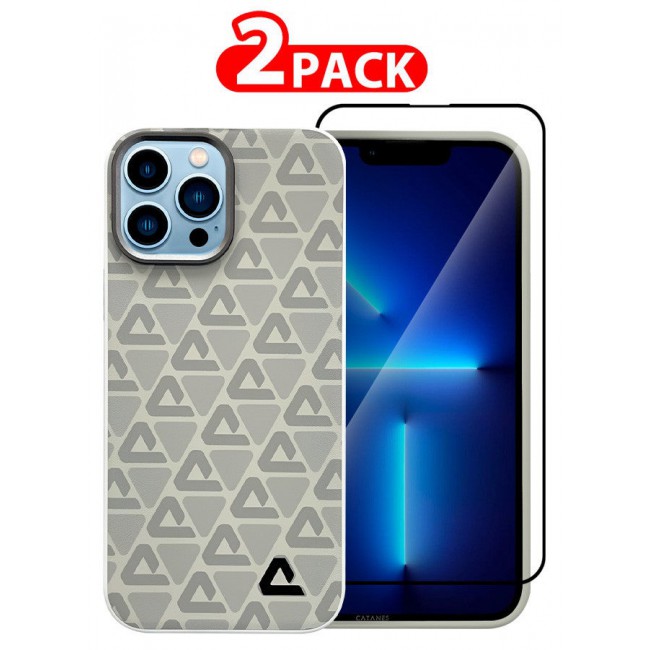 CATANES (for iPhone 13 Pro Max) 2 Pack Case and Screen Protector Leather Back Cover Triangle Pattern Shockproof Protective Phone Case Light Beige