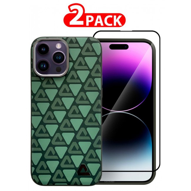 CATANES (for iPhone 14 Pro Max) 2 Pack Case and Screen Protector Leather Back Cover Triangle Pattern Shockproof Protective Phone Case Green