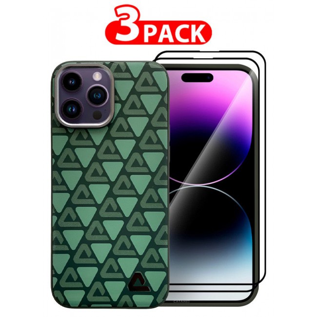 CATANES (for iPhone 14 Pro Max) 3 Pack Case and 2 Screen Protectors Leather Back Cover Triangle Pattern Shockproof Protective Phone Case Green