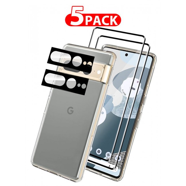 CATANES 5 Packs For Google Pixel 7 Pro TPU Case and 2 Screen Protectors and 2 Camera Lens Protectors Clear Transparent Shockproof Case Scratch Resistant Cover