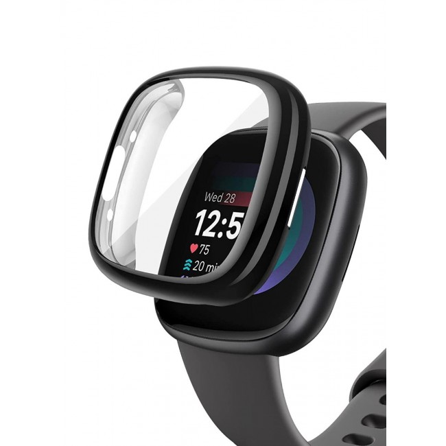 CATANES Fitbit Versa 4 Case / Fitbit Sense 2 Case Soft TPU Bumper Screen Protector Shockproof Full Coverage All-Around Protective Cover Black