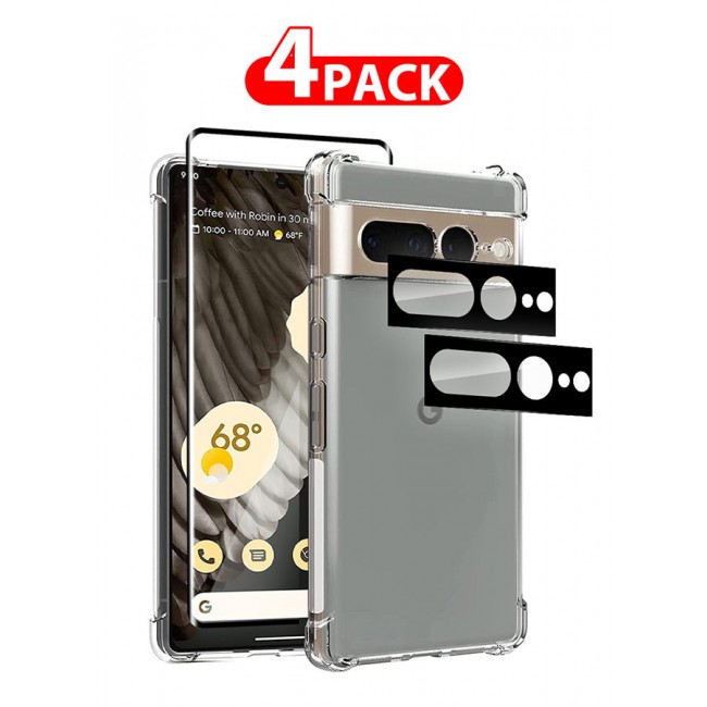 CATANES 4 Packs For Google Pixel 7 Pro TPU Case and Screen Protector and 2 Camera Lens Protectors Clear Transparent Shockproof Protective Phone Case Scratch Resistant Reinforced Corners Cover