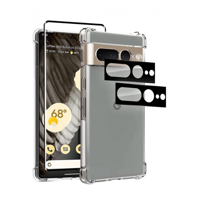 CATANES 4 Packs For Google Pixel 7 Pro TPU Case and Screen Protector and 2 Camera Lens Protectors Clear Transparent Shockproof Protective Phone Case Scratch Resistant Reinforced Corners Cover