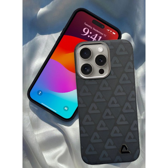 CATANES (for iPhone 15 Pro Max) Case Leather Back Cover Triangle Pattern Shockproof Protective Phone Case Black