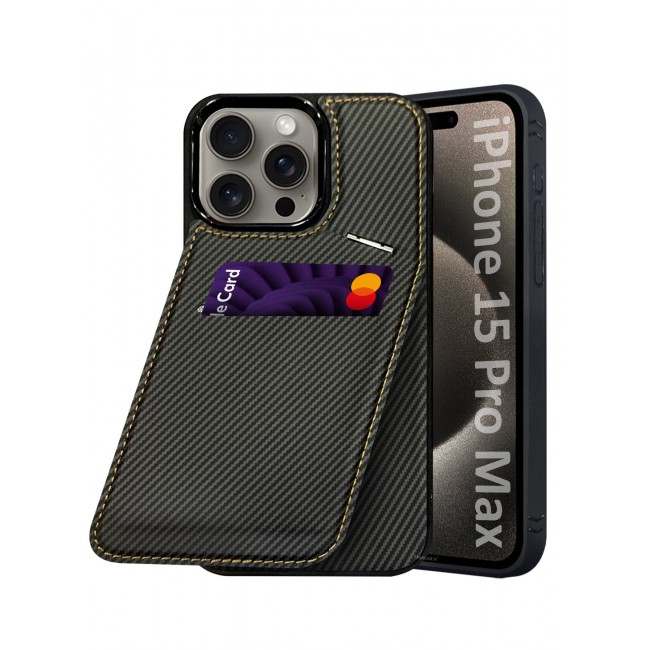 CATANES iPhone 15 Pro Max Case Cover Leather with Card Holder and Kickstand for Men Women Phone Case with Carbon Fiber Pattern