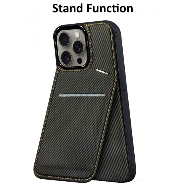 CATANES iPhone 15 Pro Max Case Cover Leather with Card Holder and Kickstand for Men Women Phone Case with Carbon Fiber Pattern