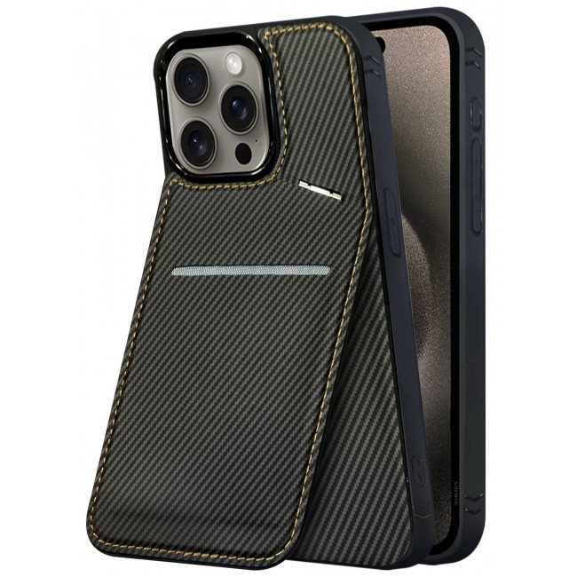 CATANES iPhone 15 Pro Max Case Cover Leather with Card Holder and Kickstand for Men Women Phone Case with Carbon Fiber Pattern