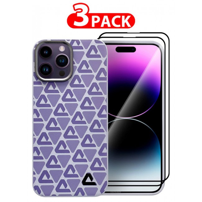 CATANES (for iPhone 14 Pro Max) 3 Pack Case and 2 Screen Protectors Leather Back Cover Triangle Pattern Shockproof Protective Phone Case Purple