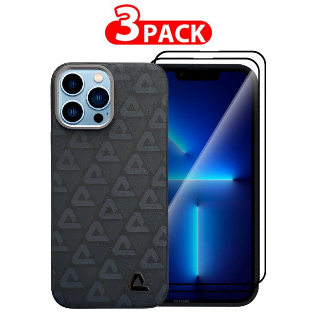 CATANES (for iPhone 13 Pro Max) 3 Pack Case and 2 Screen Protectors Leather Back Cover Triangle Pattern Shockproof Protective Phone Case Black