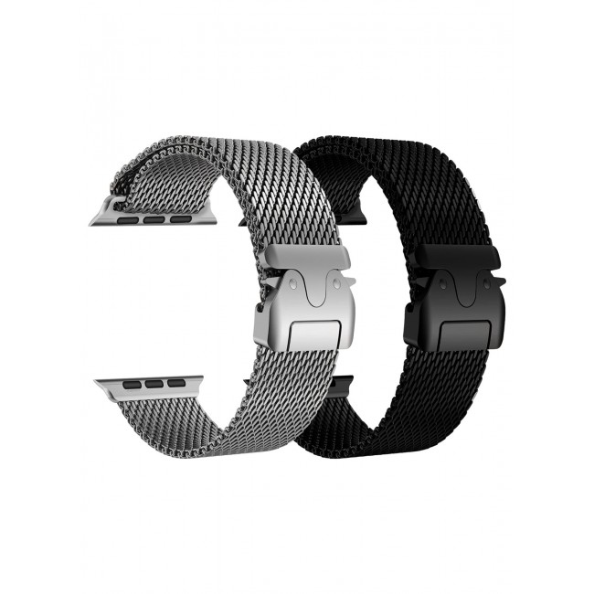 CATANES 2Packs Milanese Loop for Apple Watch Band Ultra 2 Band Ultra 49mm 46mm 45mm 44mm, Parachute-Style Buckle Stainless Steel Mesh Metal Band for iWatch Series 10-1 SE - Black Silver