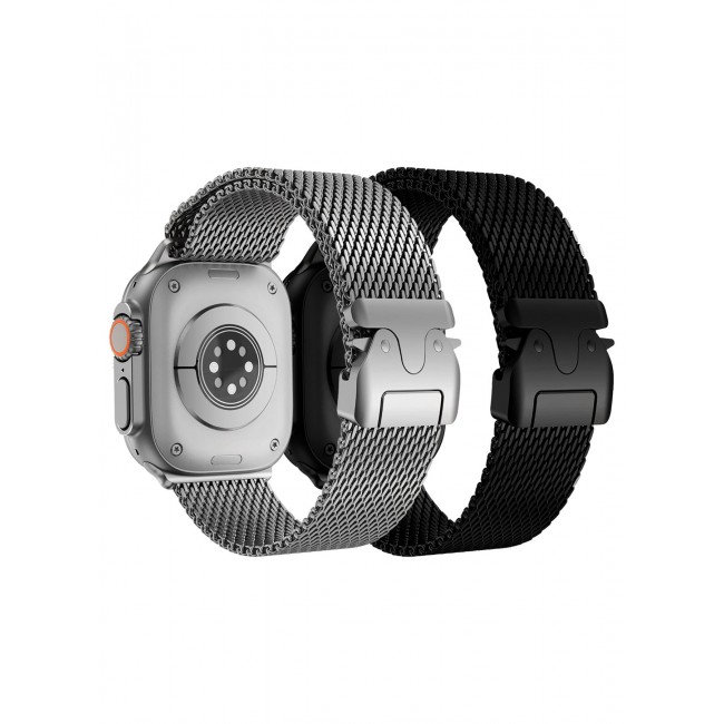CATANES 2Packs Milanese Loop for Apple Watch Band Ultra 2 Band Ultra 49mm 46mm 45mm 44mm, Parachute-Style Buckle Stainless Steel Mesh Metal Band for iWatch Series 10-1 SE - Black Silver