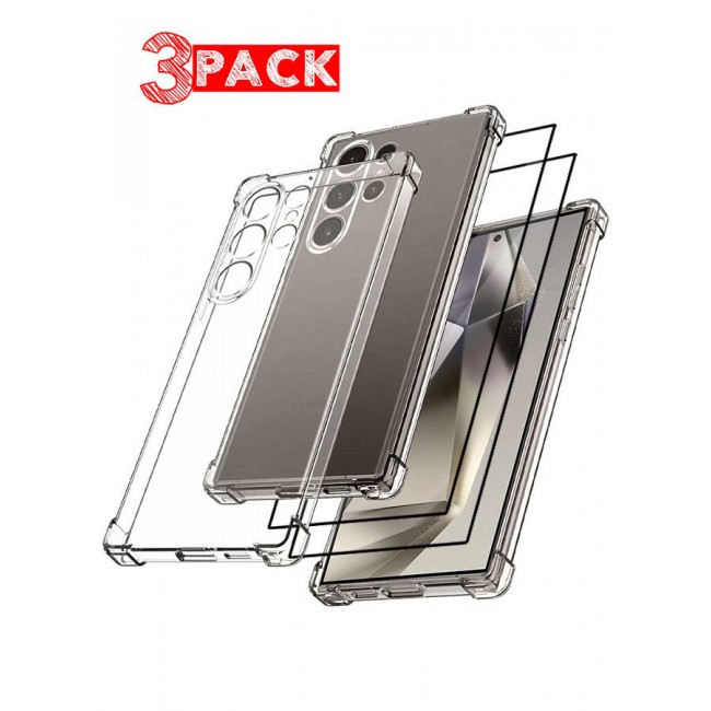 CATANES 3 Packs For Samsung Galaxy S24 Ultra Gorilla Case and 2 Screen Protectors Shock-Absorption Flexible Clear TPU Rubber Protective Cell Phone Cover Slim Fit Transparent Protective Case Cover