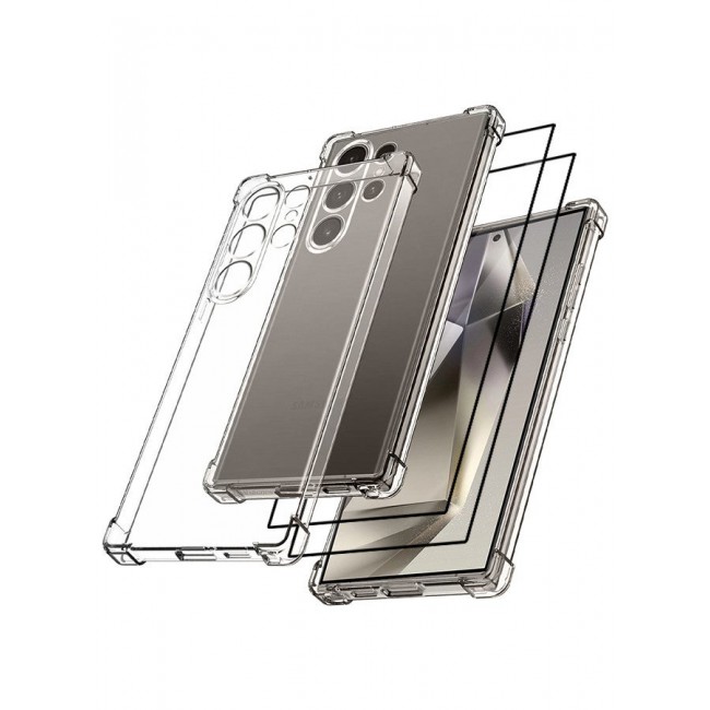 CATANES 3 Packs For Samsung Galaxy S24 Ultra Gorilla Case and 2 Screen Protectors Shock-Absorption Flexible Clear TPU Rubber Protective Cell Phone Cover Slim Fit Transparent Protective Case Cover