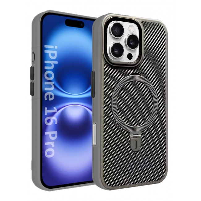 CATANES ( for iPhone 16 Pro ) Carbon Fiber Case Cover, Kickstand Metal Bracket, Magsafe Compatible - Grey
