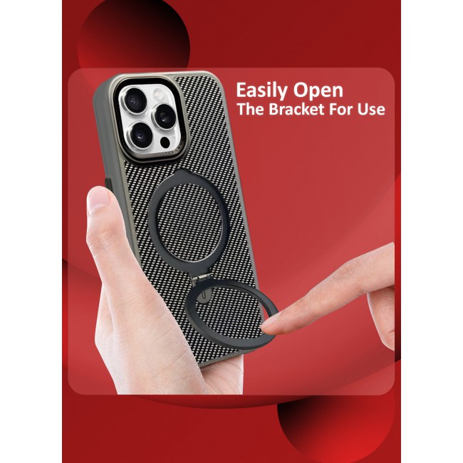 CATANES ( for iPhone 16 Pro ) Carbon Fiber Case Cover, Kickstand Metal Bracket, Magsafe Compatible - Grey