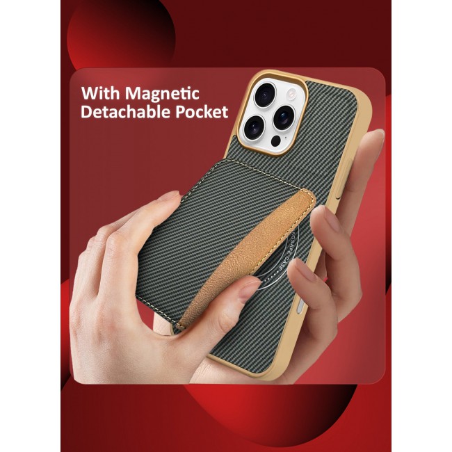 CATANES iPhone 16 Pro Max Case Leather Antifingerprint Cover with Detachable Wallet Card Slot Shell Insert Card Holder Anti Fall Protection Carbon Fiber Design