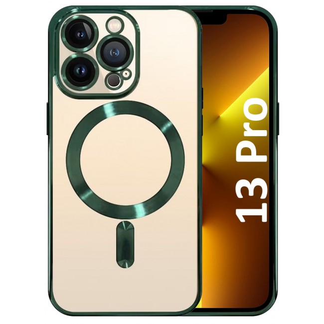 CATANES iPhone 13 Pro Clear Case with MagSafe Wireless Charging Compatible Back Cover with Electroplating Shockproof Frame Green