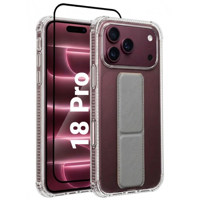 CATANES 2 Pack For iPhone 18 Pro Case Clear with Foldable Stand, Shockproof Protective Cover with Reinforced Corners, Transparent Bumper - Grey