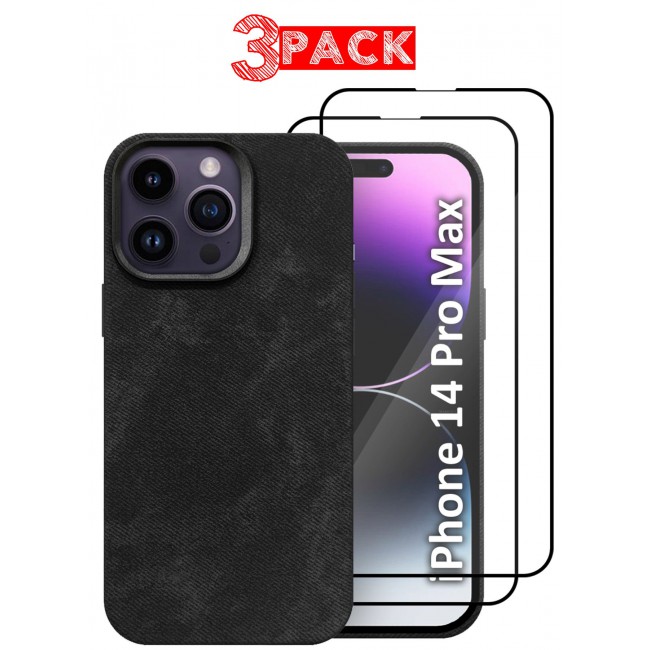 CATANES 3Packs iPhone 14 Pro Max Alcantara Case Cover Premium Quality Luxurious Soft Touch Protection with Metal Camera Frame with Two 3D Screen Protectors - Black