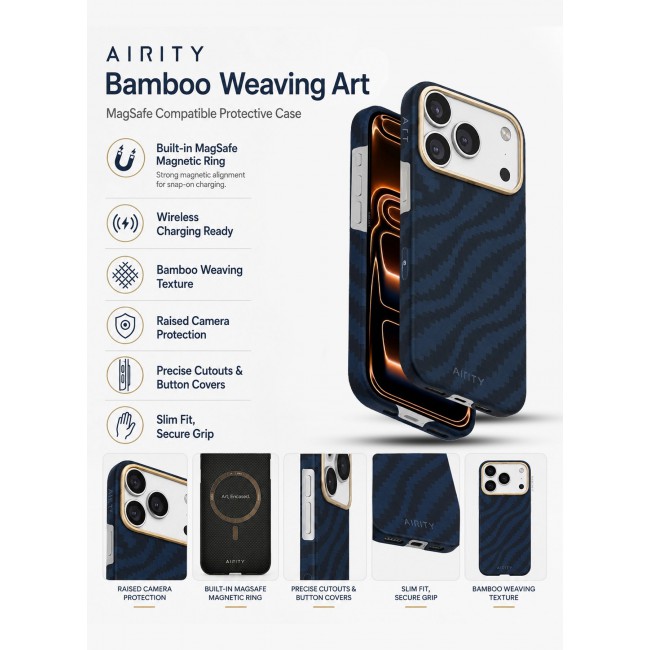 AIRITY Bamboo Fiber Protective Case for iPhone 17/18 Pro Magsafe Ultra Durable, Lightweight & Premium Design Blue