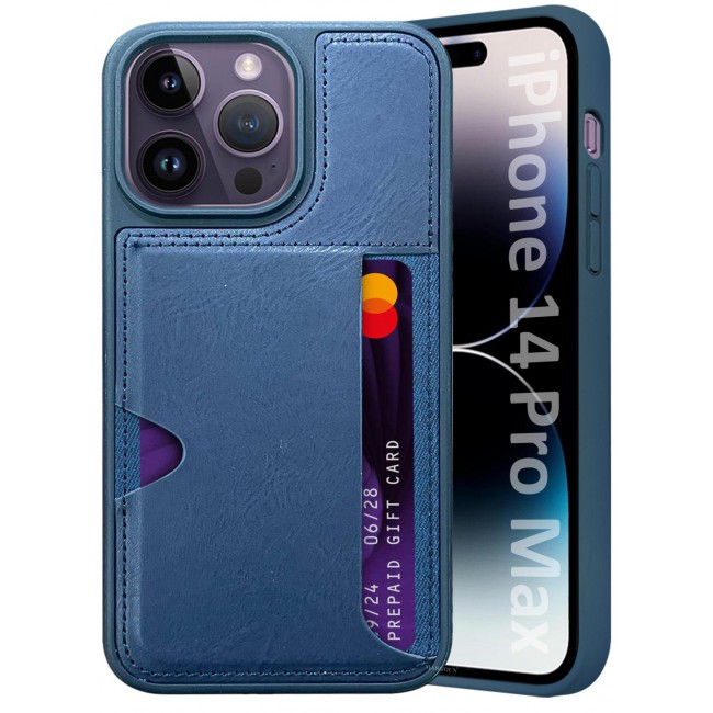 CATANES iPhone 14 Pro Max Case Leather Antifingerprint Cover with Wallet Card Slot Shell, Side Insert Card Holder, Anti Fall Protection - Blue