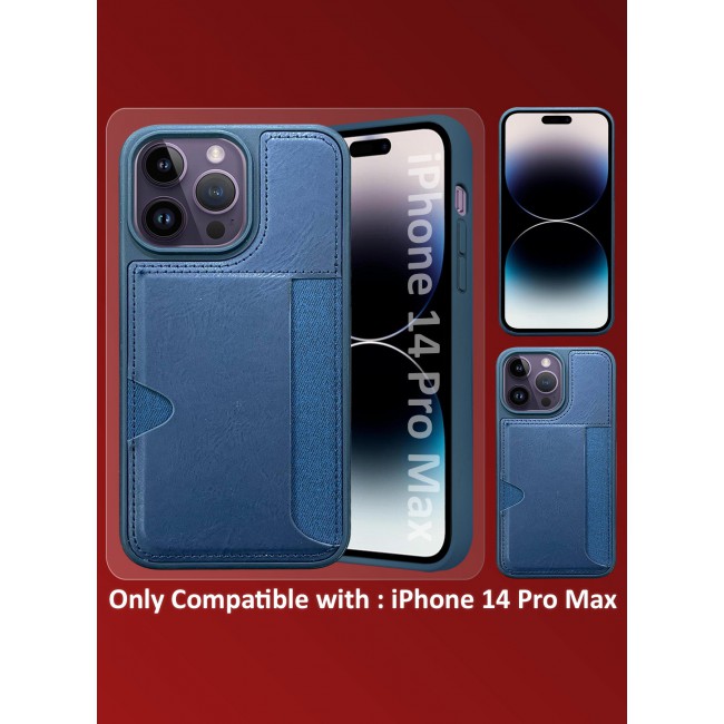 CATANES iPhone 14 Pro Max Case Leather Antifingerprint Cover with Wallet Card Slot Shell, Side Insert Card Holder, Anti Fall Protection - Blue