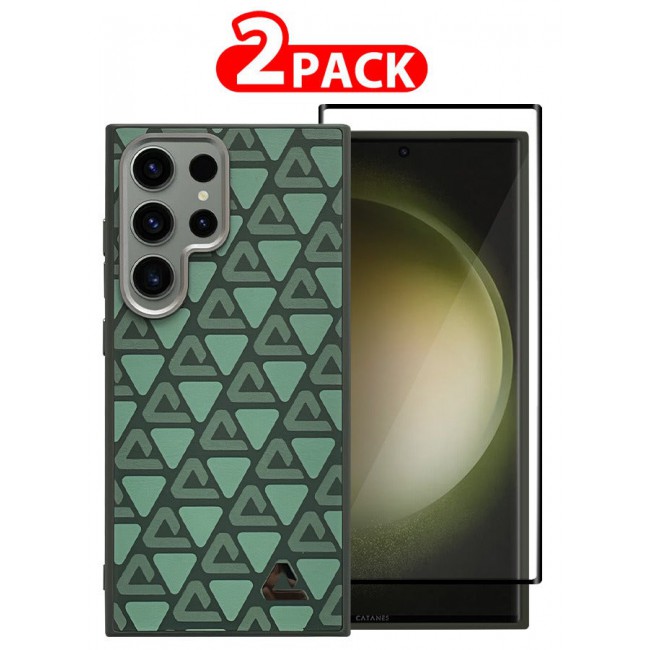 CATANES (for Samsung Galaxy S23 Ultra) 2 Pack Case and Screen Protector Leather Back Cover Triangle Pattern Shockproof Protective Phone Case Green