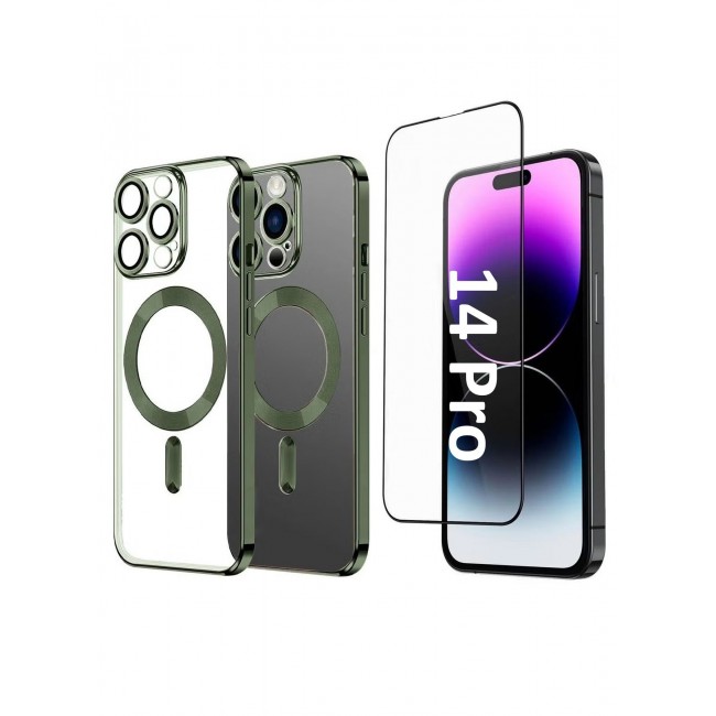 CATANES 2Pack for iPhone 14 Pro Magsafe Case and Screen Protector Clear Electroplating Frame Wireless Charging Cover with Tempered Glass Green/Clear