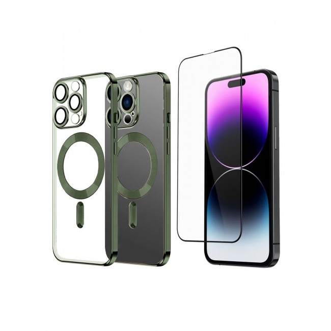 CATANES 2Pack for iPhone 14 Pro Magsafe Case and Screen Protector Clear Electroplating Frame Wireless Charging Cover with Tempered Glass Green/Clear
