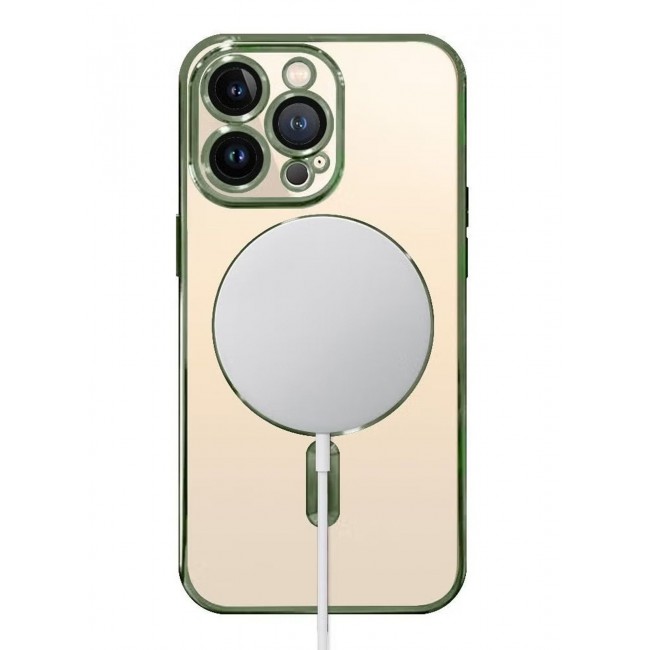 CATANES 2Pack for iPhone 14 Pro Magsafe Case and Screen Protector Clear Electroplating Frame Wireless Charging Cover with Tempered Glass Green/Clear
