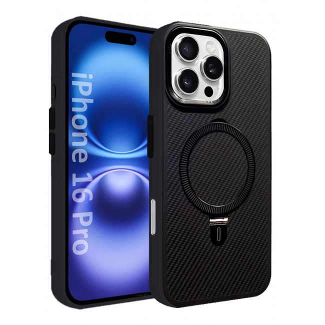CATANES ( for iPhone 16 Pro ) Carbon Fiber Case Cover, Kickstand Metal Bracket, Magsafe Compatible - Black