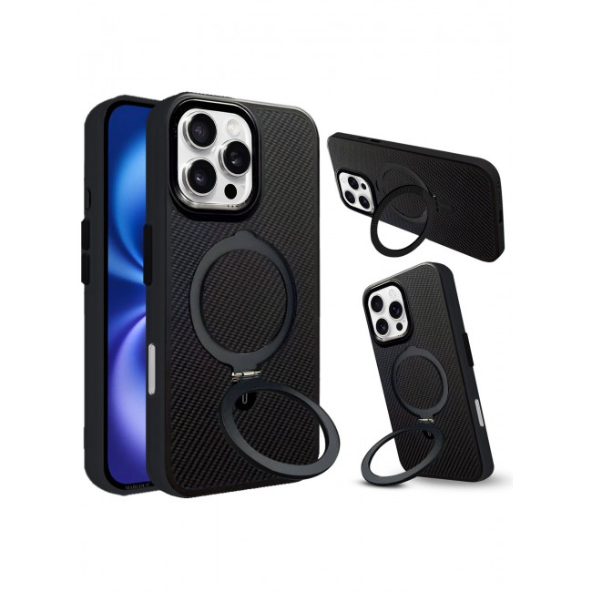CATANES ( for iPhone 16 Pro ) Carbon Fiber Case Cover, Kickstand Metal Bracket, Magsafe Compatible - Black