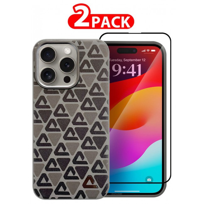 CATANES (for iPhone 15 Pro Max) 2 Pack Case and Screen Protector Leather Back Cover Triangle Pattern Shockproof Protective Phone Case Brown