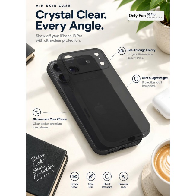 CATANES Air Skin Frosted Matte Case for iPhone 18 Pro with Camera Frame Protection - Stylish Ultra Slim Back Cover - Black