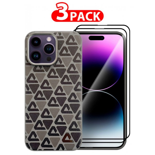 CATANES (for iPhone 14 Pro Max) 3 Pack Case and 2 Screen Protectors Leather Back Cover Triangle Pattern Shockproof Protective Phone Case Brown