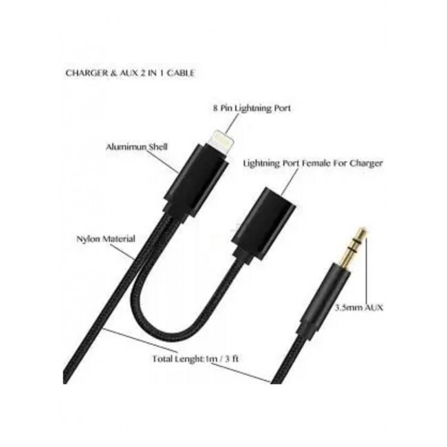 CATANES 2 in 1 Aux Cable 8 Pin and Lightning Headphone Adapter for iPhone Nylon Braided Tangle Free 3.5mm Audio Jack Converter Cable 100cm Black