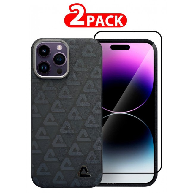 CATANES (for iPhone 14 Pro Max) 2 Pack Case and Screen Protector Leather Back Cover Triangle Pattern Shockproof Protective Phone Case Black