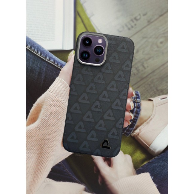 CATANES (for iPhone 14 Pro Max) 2 Pack Case and Screen Protector Leather Back Cover Triangle Pattern Shockproof Protective Phone Case Black