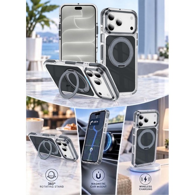 CATANES Magnetic Case For iPhone 18 Pro Max Clear TPU Cover with 360-Degree Rotating Ring Kickstand - Dark Grey