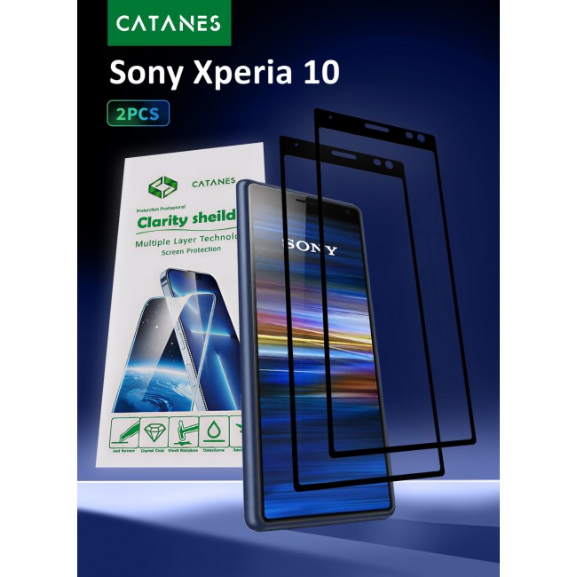 CATANES 2 PACK Screen Protector for Sony Xperia 10 Tempered Glass, Scratch-Resistant, 9H Hardness High-Definition Clear Guard, Black Side