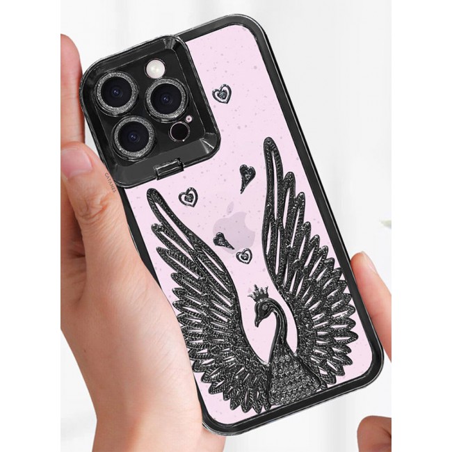 CATANES iPhone 15 Pro Bling Case Peacock Glitter Hard TPU Shockproof Protection Cover With Kickstand for Women Girls Black