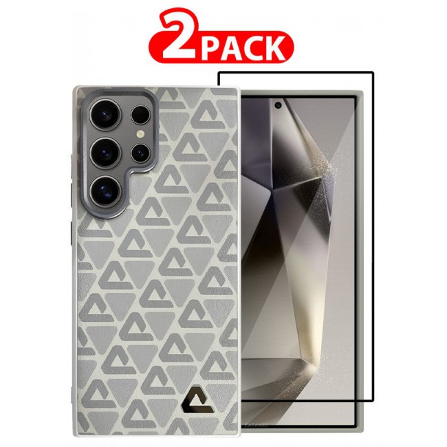 CATANES (for Samsung Galaxy S24 Ultra) 2 Pack Case and Screen Protector Leather Back Cover Triangle Pattern Shockproof Protective Phone Case Light Beige