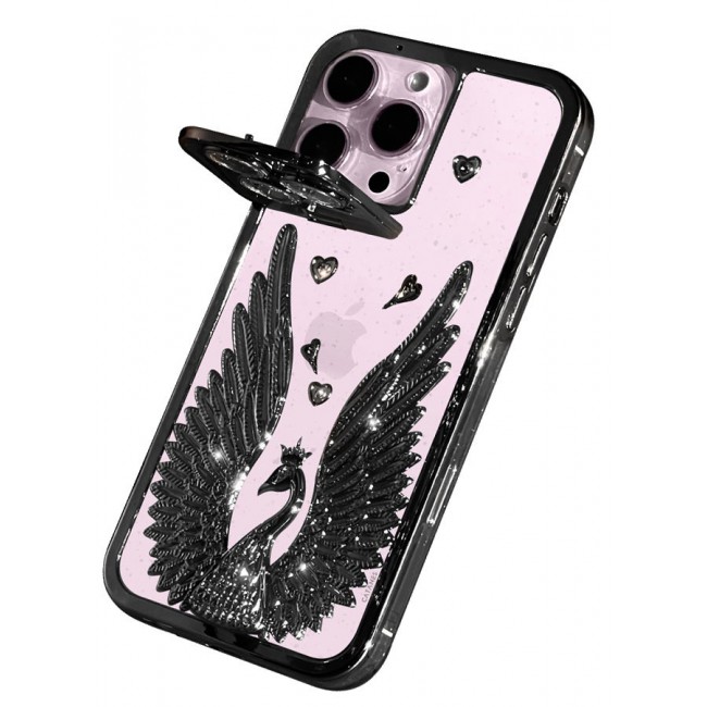 CATANES iPhone 15 Pro Max Bling Case Peacock Glitter Hard TPU Shockproof Protection Cover With Kickstand for Women Girls Black